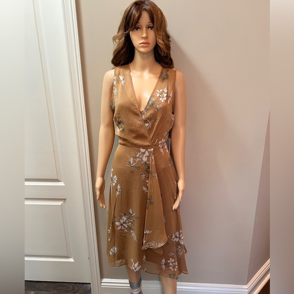 NWT Floral Tan Faux Wrap Summer Dress Sz10